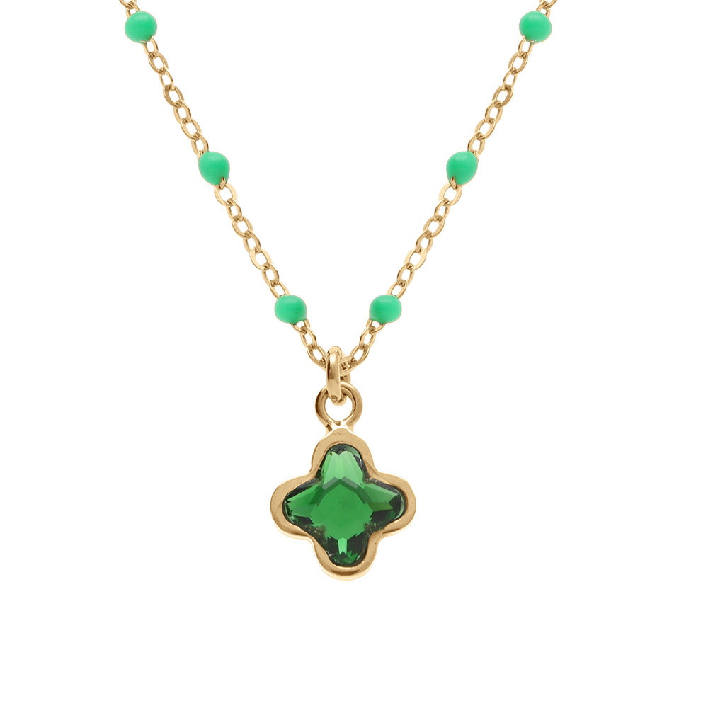 Collier en argent doré avec boules en résine verte et pendentif trèfle en cristal vert - 40+5cm