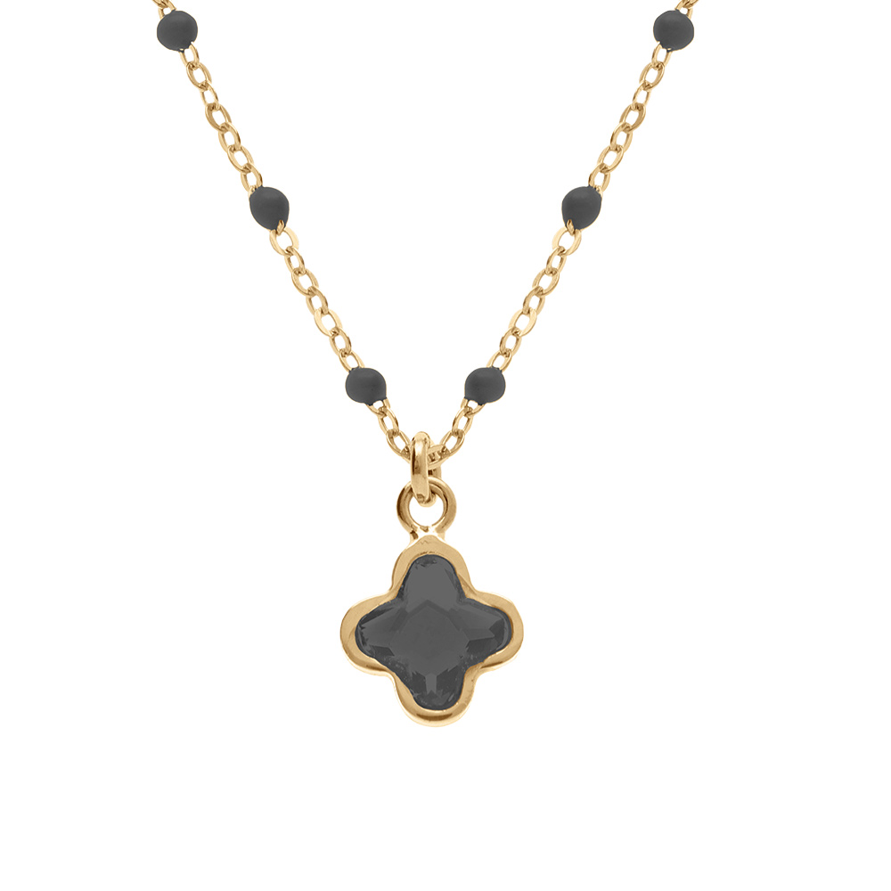 Collier en argent doré avec boules en résine noire et pendentif trèfle en cristal noir - 40+5cm