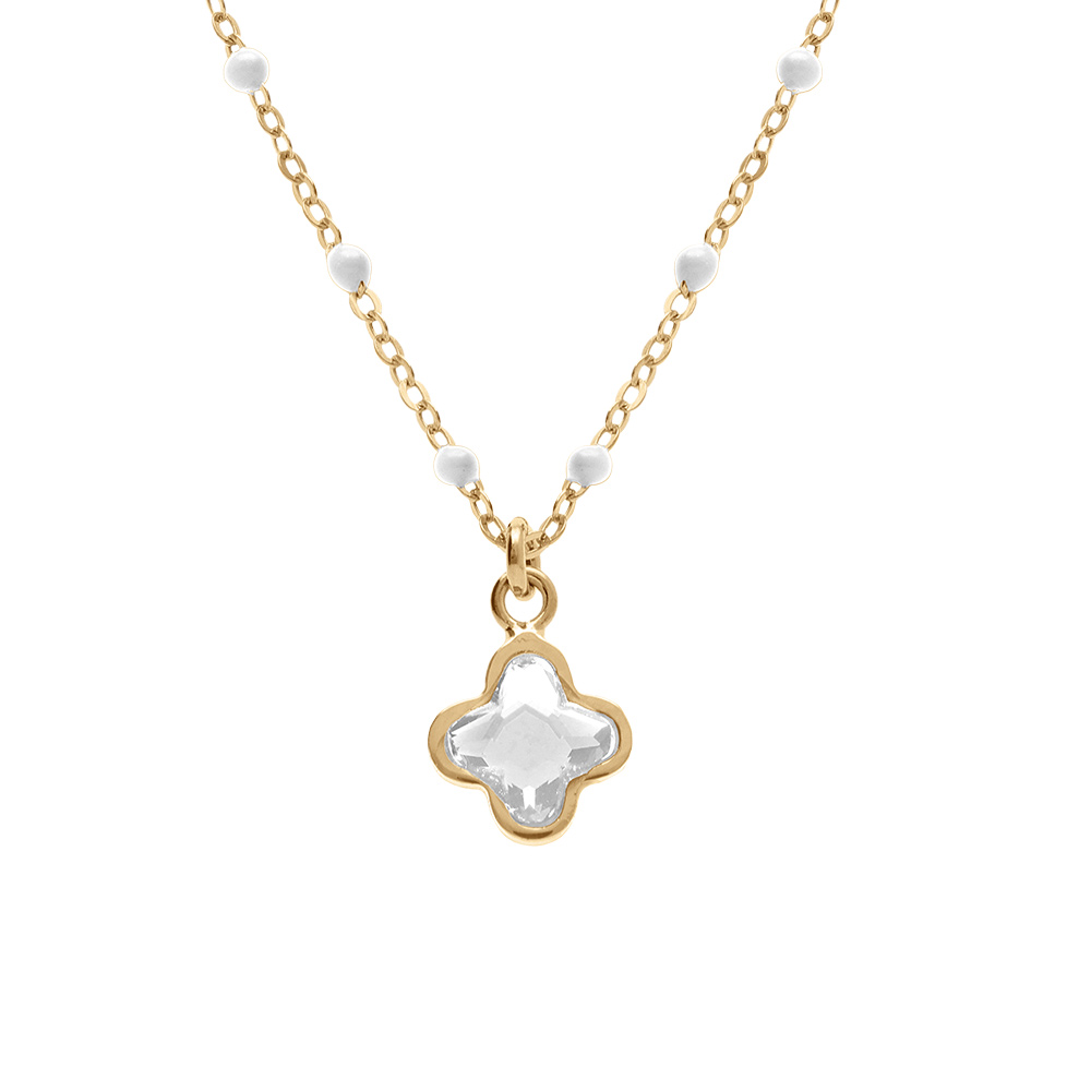 Collier en argent doré avec boules en résine blanche et pendentif trèfle en cristal blanc - 40+5cm