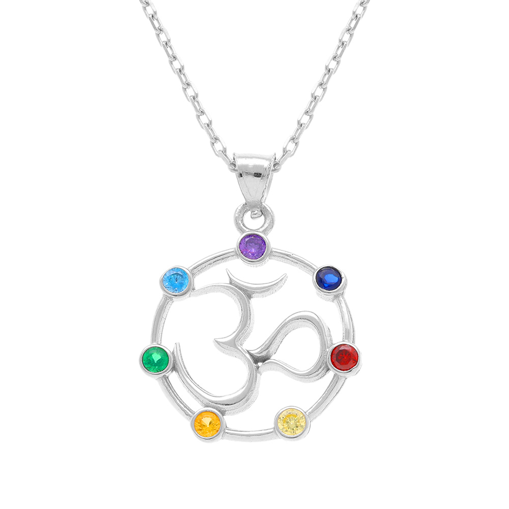Collier en argent rhodié pendentif chakra 14mm 7 oxydes - 40+5cm