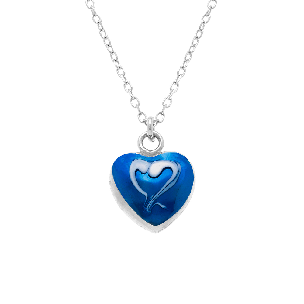 Collier en argent rhodié pendentif coeur bombé résine à chaud bleu foncé recto verso - 41+3cm