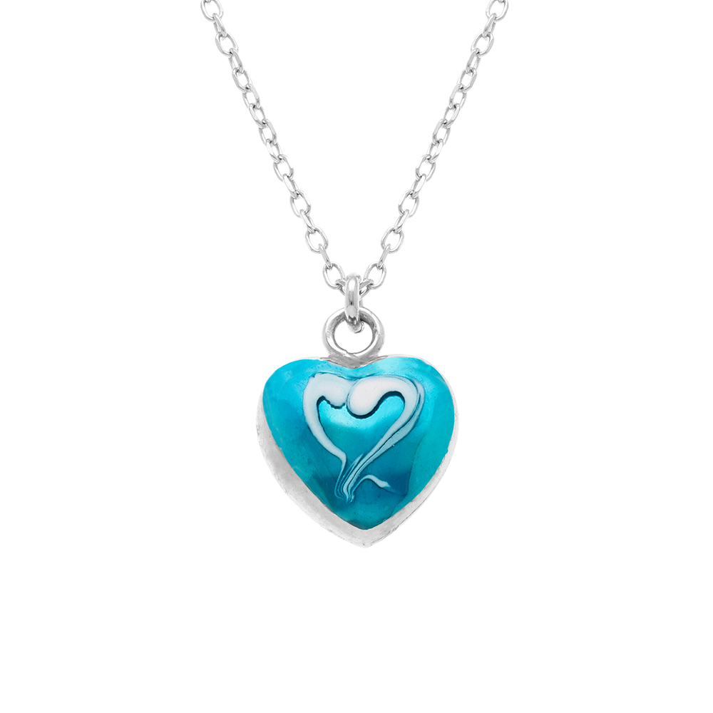 Collier en argent rhodié pendentif coeur bombé résine à chaud bleu ciel recto verso - 41+3cm