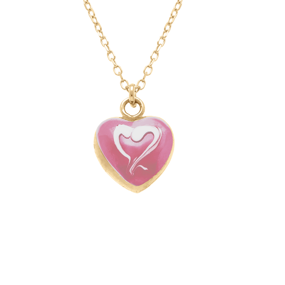 Collier en argent doré pendentif coeur bombé résine a chaud rose recto verso - 41+3cm