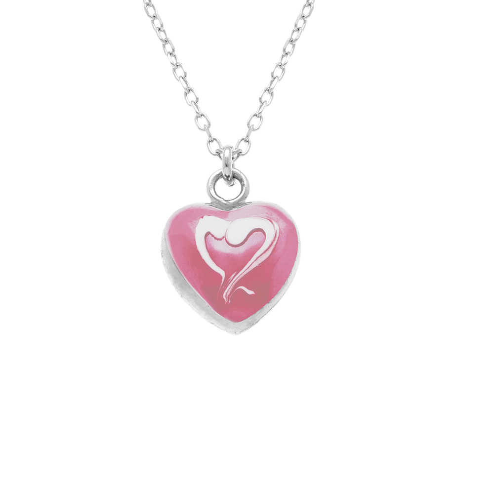 Collier en argent rhodié pendentif coeur bombé résine à chaud rose recto verso - 41+3cm