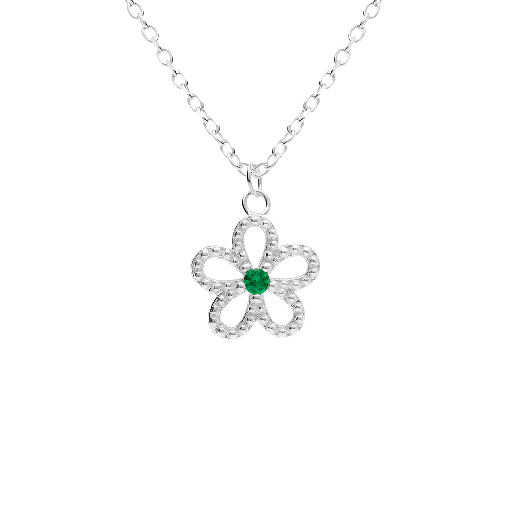 Collier en argent rhodié pendentif fleur ajourée avec oxyde vert central - 39+4cm