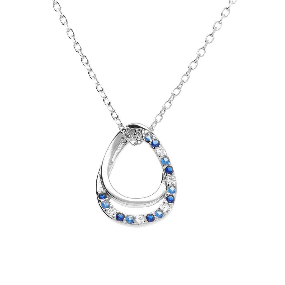 Collier en argent rhodié pendentif goutte paré d'oxydes bleus et blancs sertis - 40+2+2cm