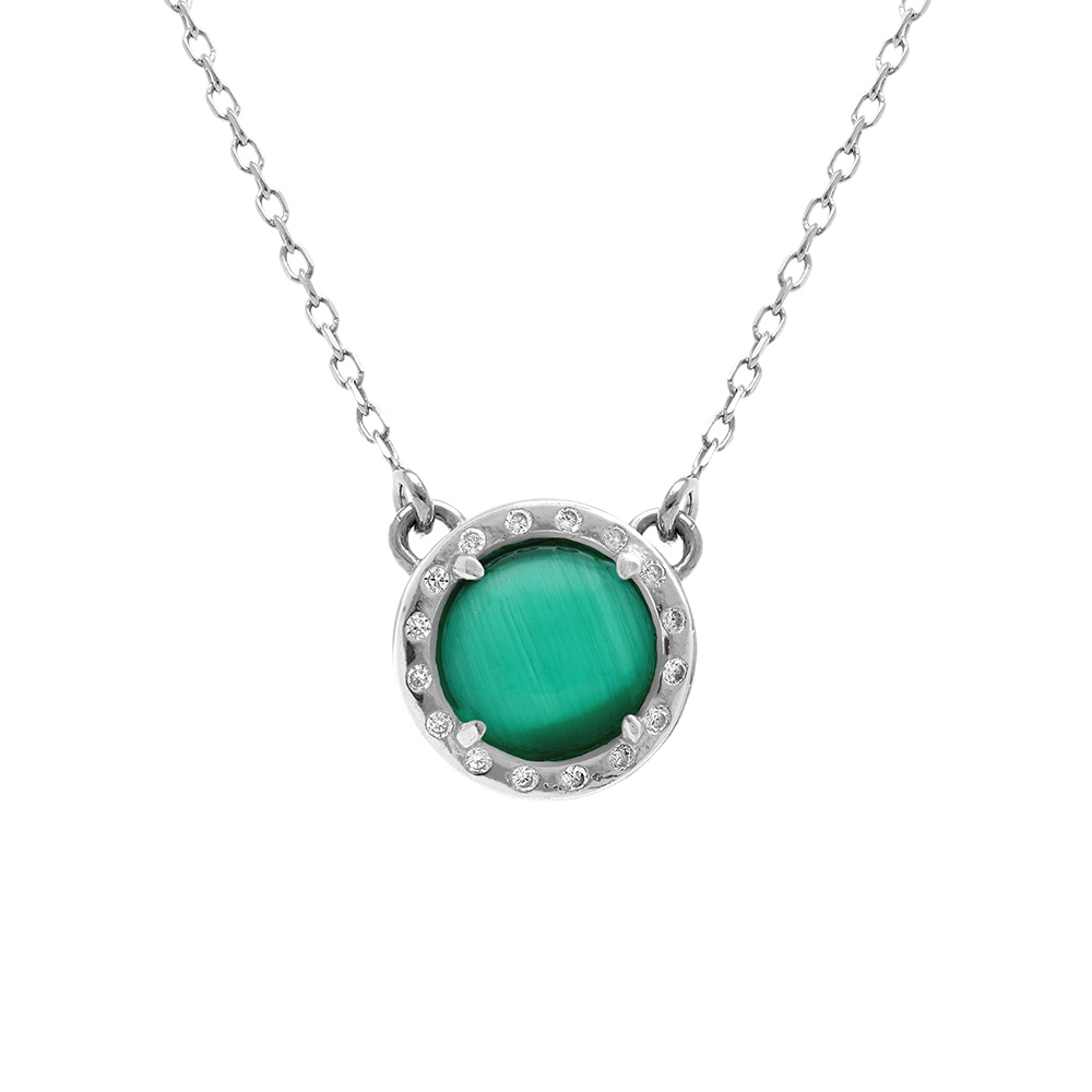 Collier en argent rhodié cabochon vert foncé - 40 +5 cm