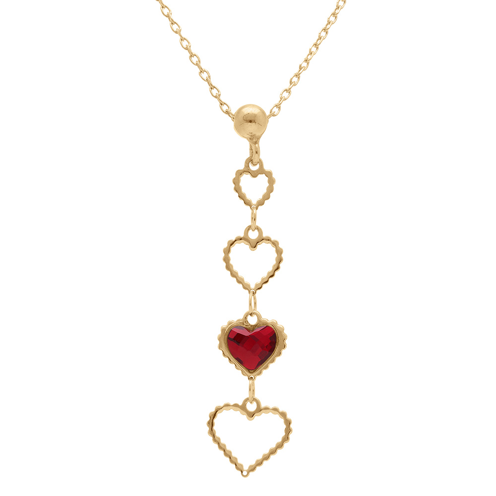 Collier en argent doré avec pendentif coeurs ajourés et un oxyde rouge - 40+5cm