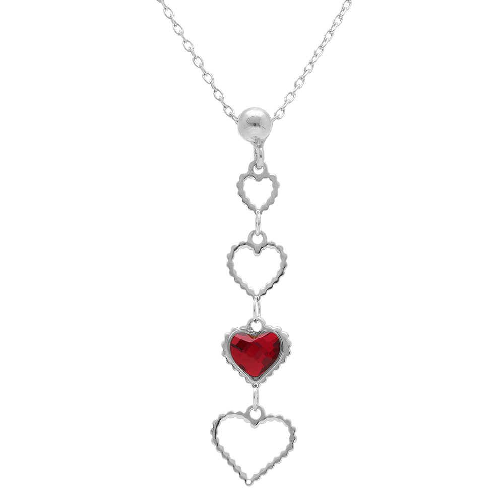 Collier en argent rhodié avec pendentif coeurs ajourés et un oxyde rouge - 40+5cm