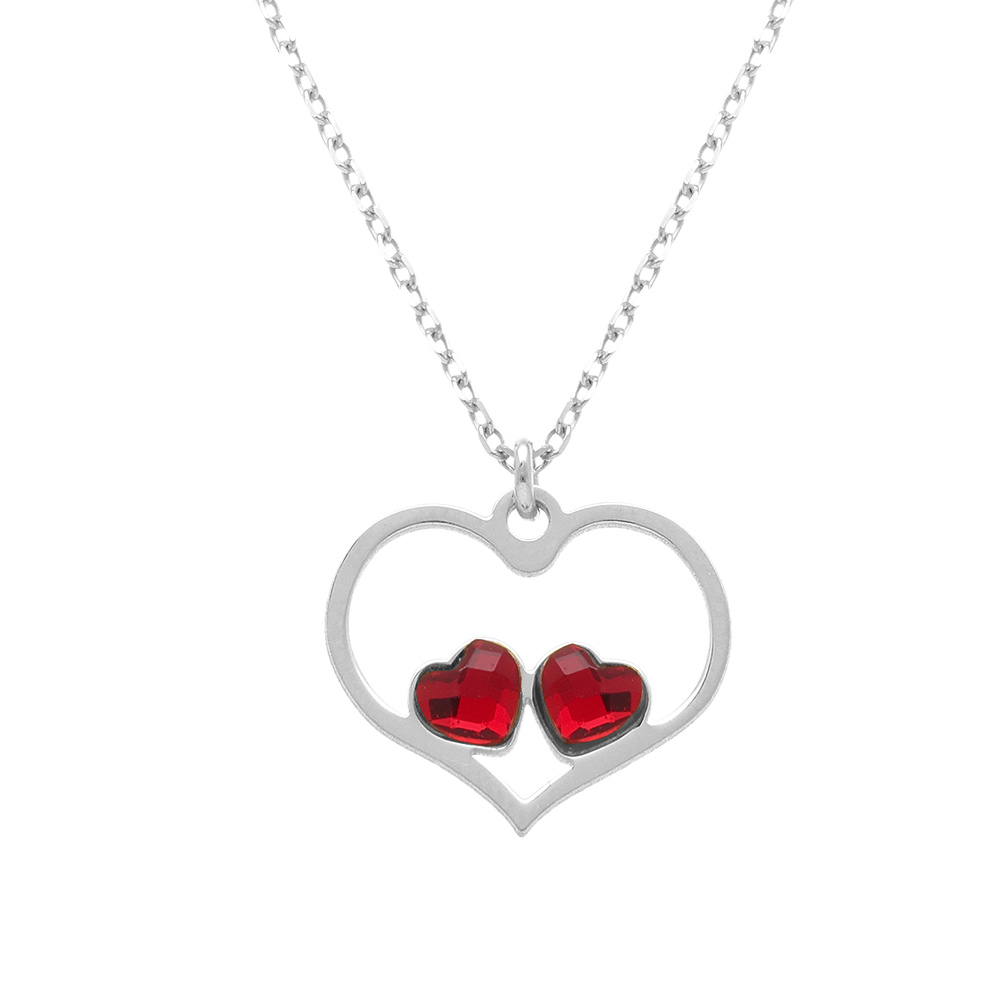 Collier en argent rhodié avec pendentif coeur ajouré et deux  oxydes rouges - 40+5cm
