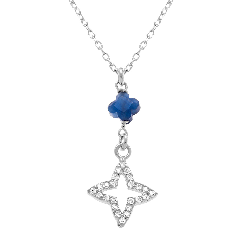 Collier en argent rhodié avec pendentif trèfle en résine bleue et trèfle d'oxydes blancs sertis - 40+5 cm