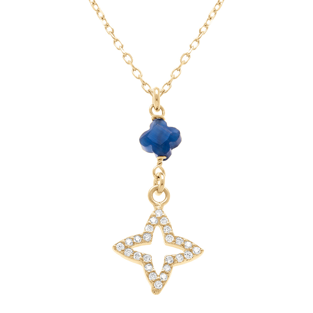 Collier en argent doré avec pedentif étoile en résine bleue et étoile entourée d'oxydes blancs sertis - 40+5 cm