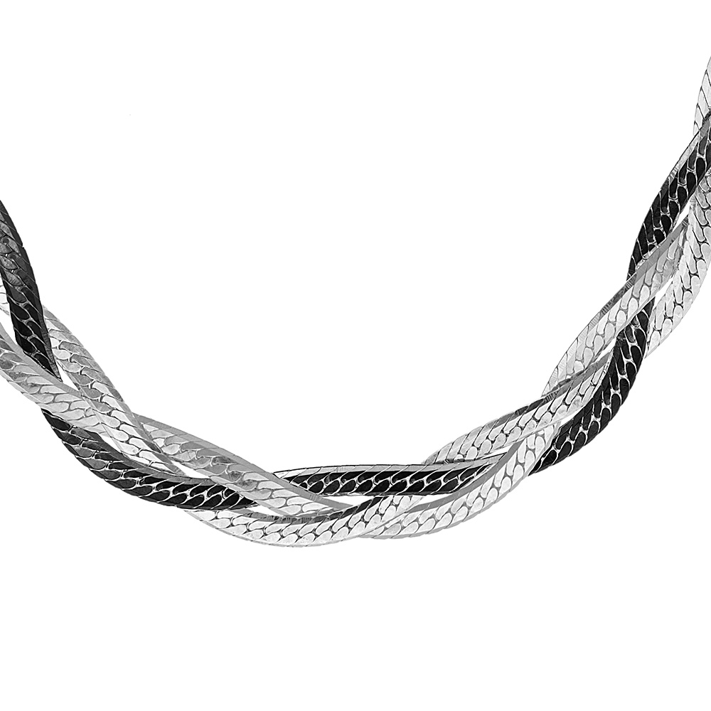 Collier en argent rhodié 3 chaînes mailles plates tressées, dont 1 rhodiée noir - longueur 42cm