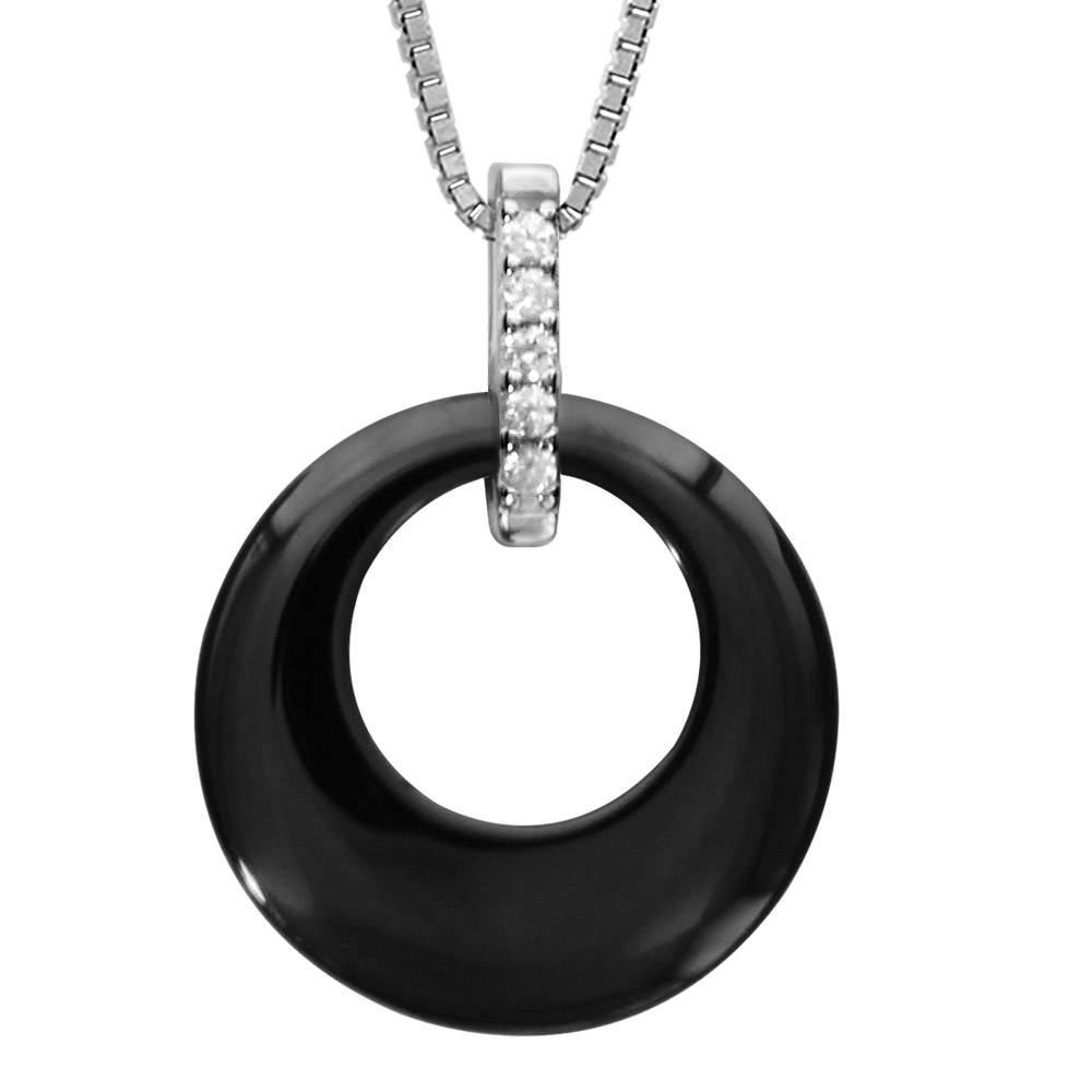 Collier en argent rhodié chaîne avec pendentif cercle céramique noire barrette oxydes sertis 42+3cm