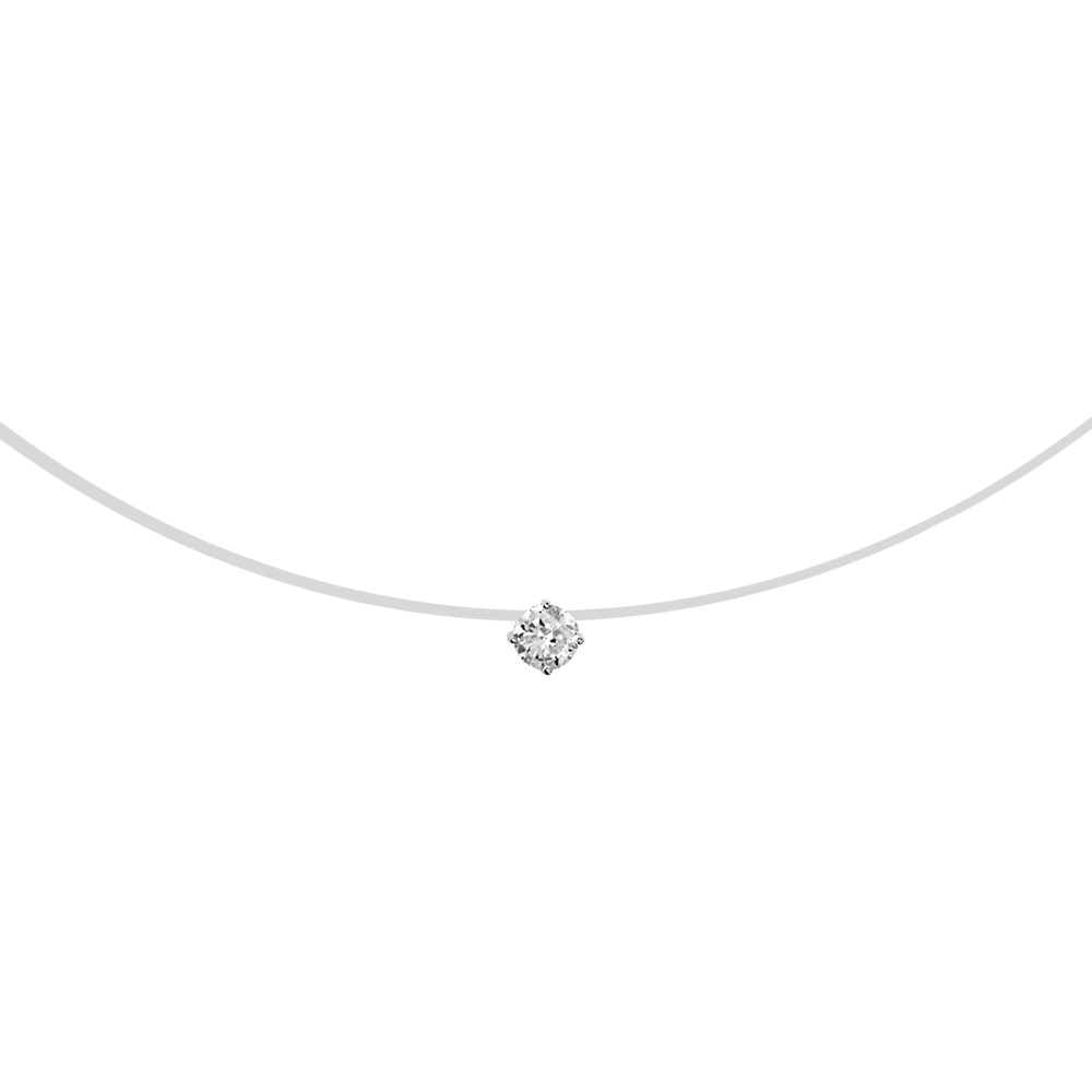 Collier en argent rhodié fil en nylon avec pendentif oxyde blanc solitaire de 3mm - longueur 42cm