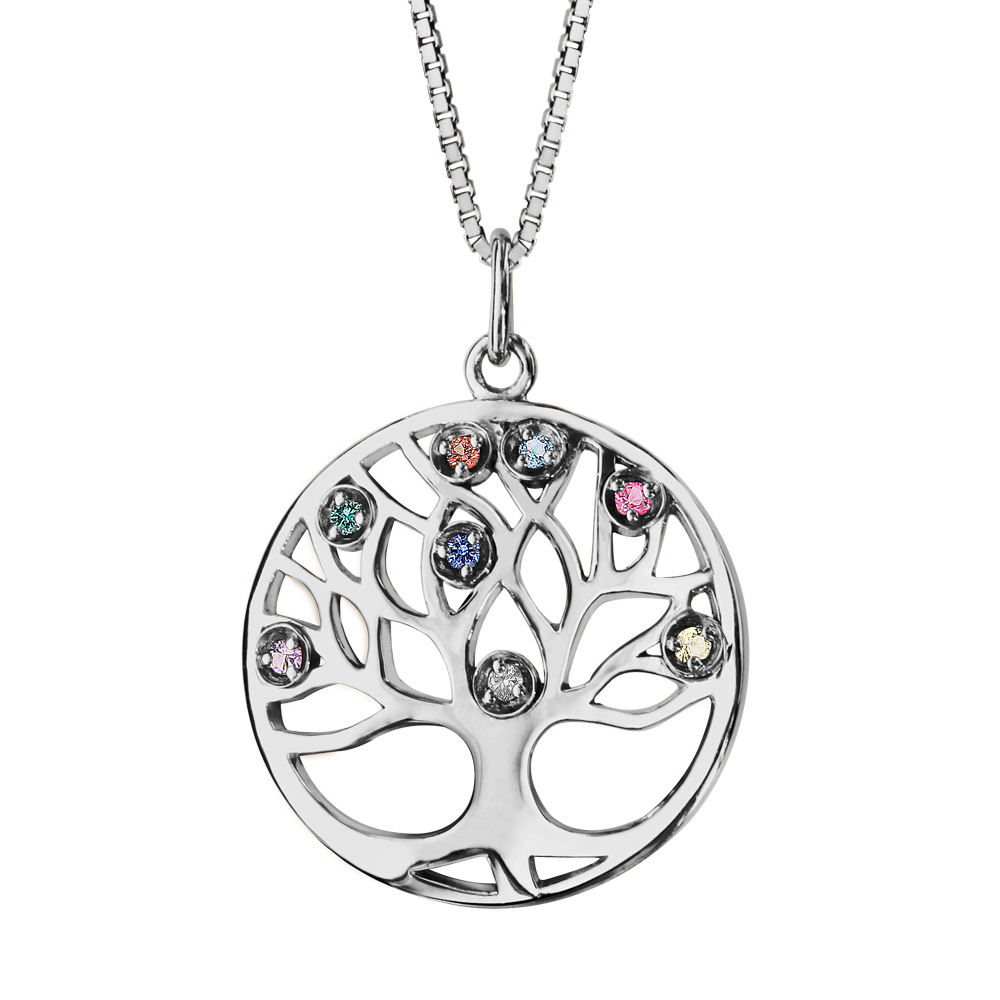 Collier en argent rhodié chaîne avec pendentif rond arbre de vie découpé et empierré multi couleurs 42+3cm