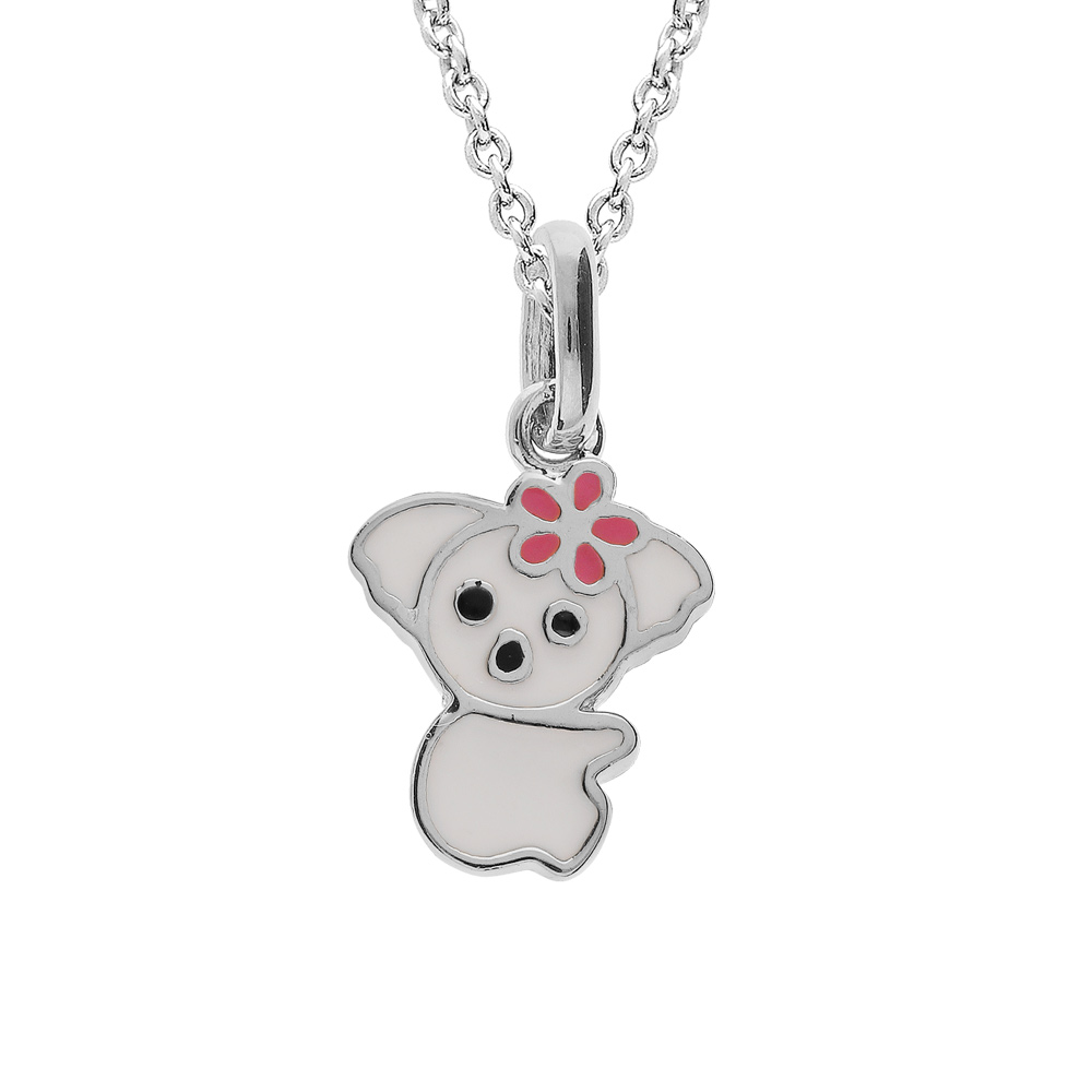 Collier en argent rhodié chaîne avec pendentif koala blanc et fleur 36+2cm