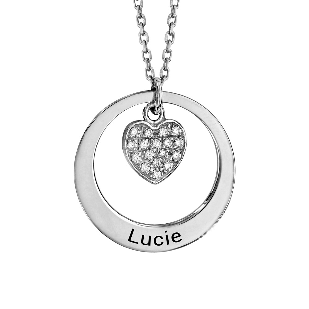 Collier en argent rhodié chaîne avec pendentif anneau prénom à graver et coeur suspendu - longueur 40cm + 5cm de rallonge
