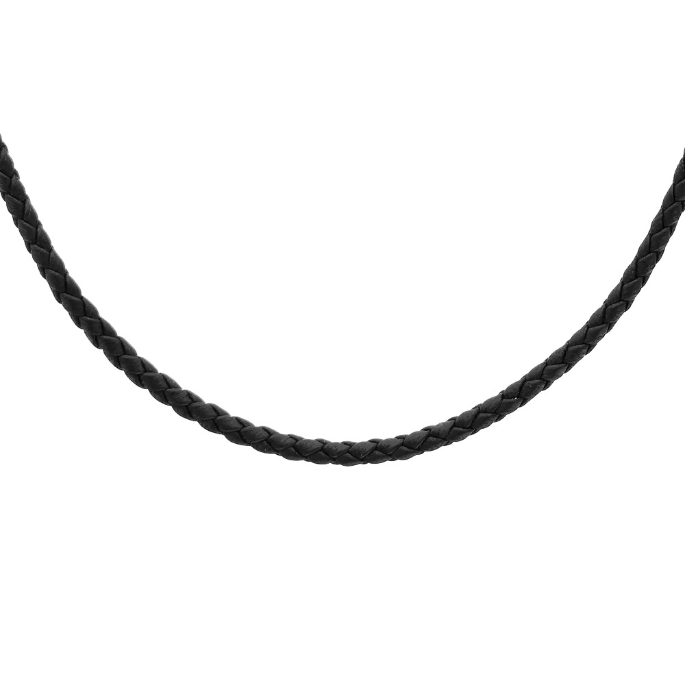 Collier en argent rhodié cordon en cuir bovin tressé noir - longueur 55cm + 5cm