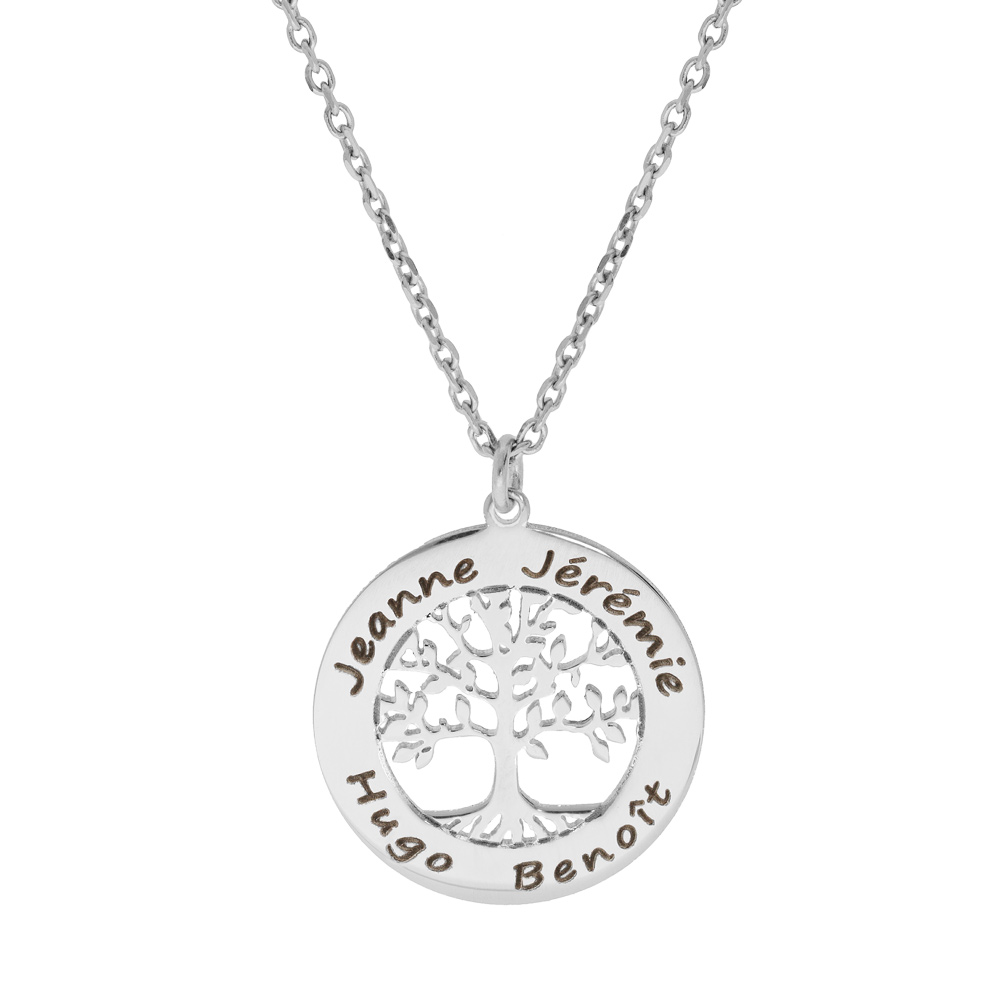 Collier en argent rhodié chaîne avec pendentif prénoms à graver petit arbre de vie 20mm longueur 38+4cm