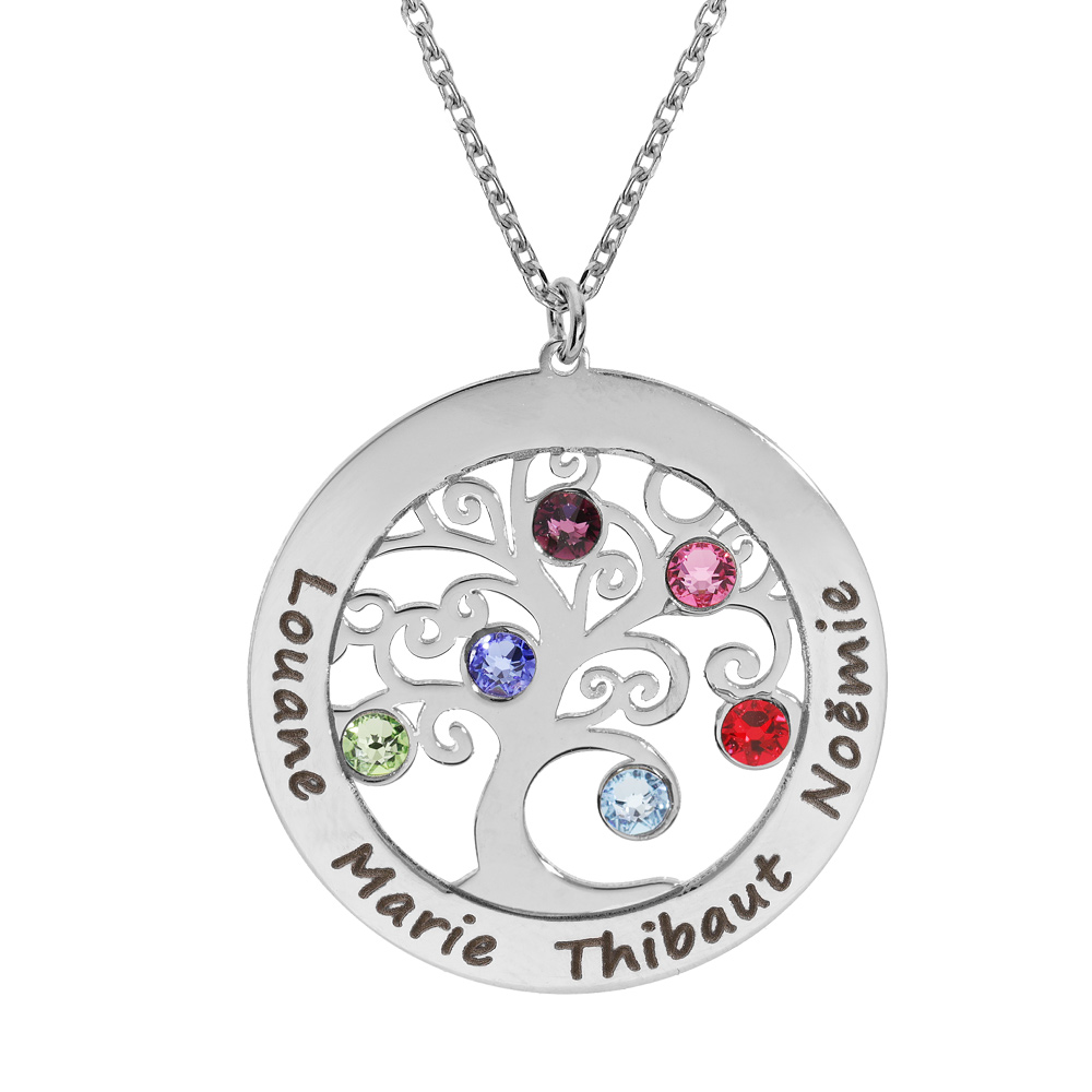 Collier en argent rhodié chaîne avec pendentif prénoms à graver arbre de vie 30mm orné d'oxydes couleurs sertis 40+5cm