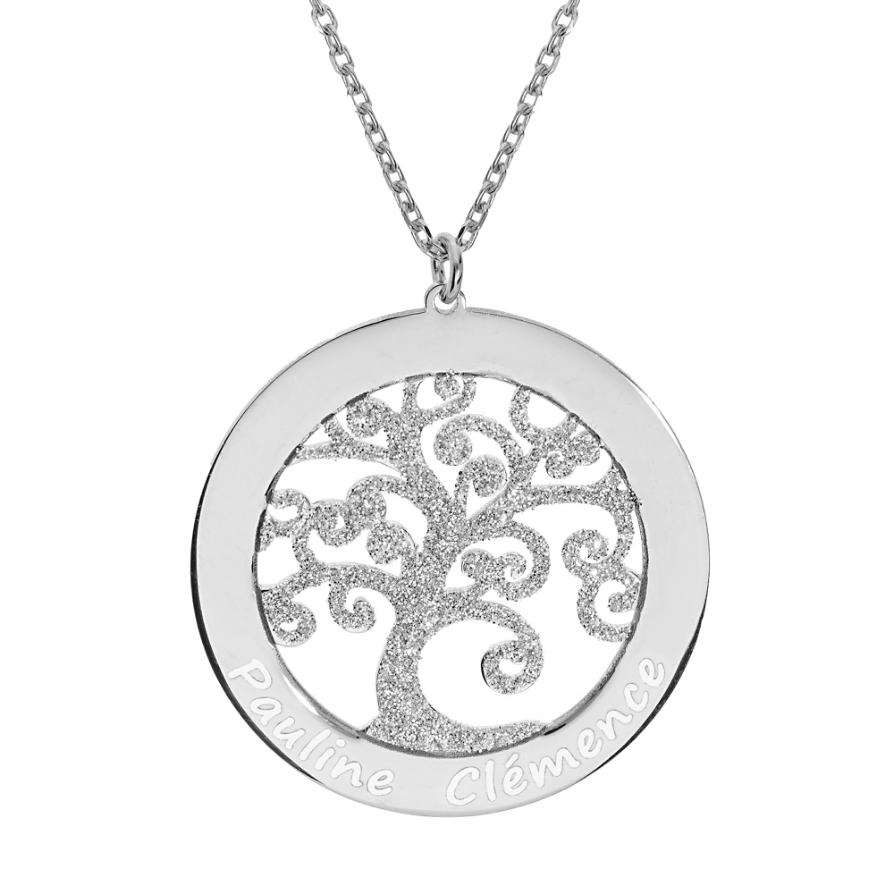 Collier en argent rhodié chaîne avec pendentif prénoms à graver arbre de vie 30mm granité 40+5cm