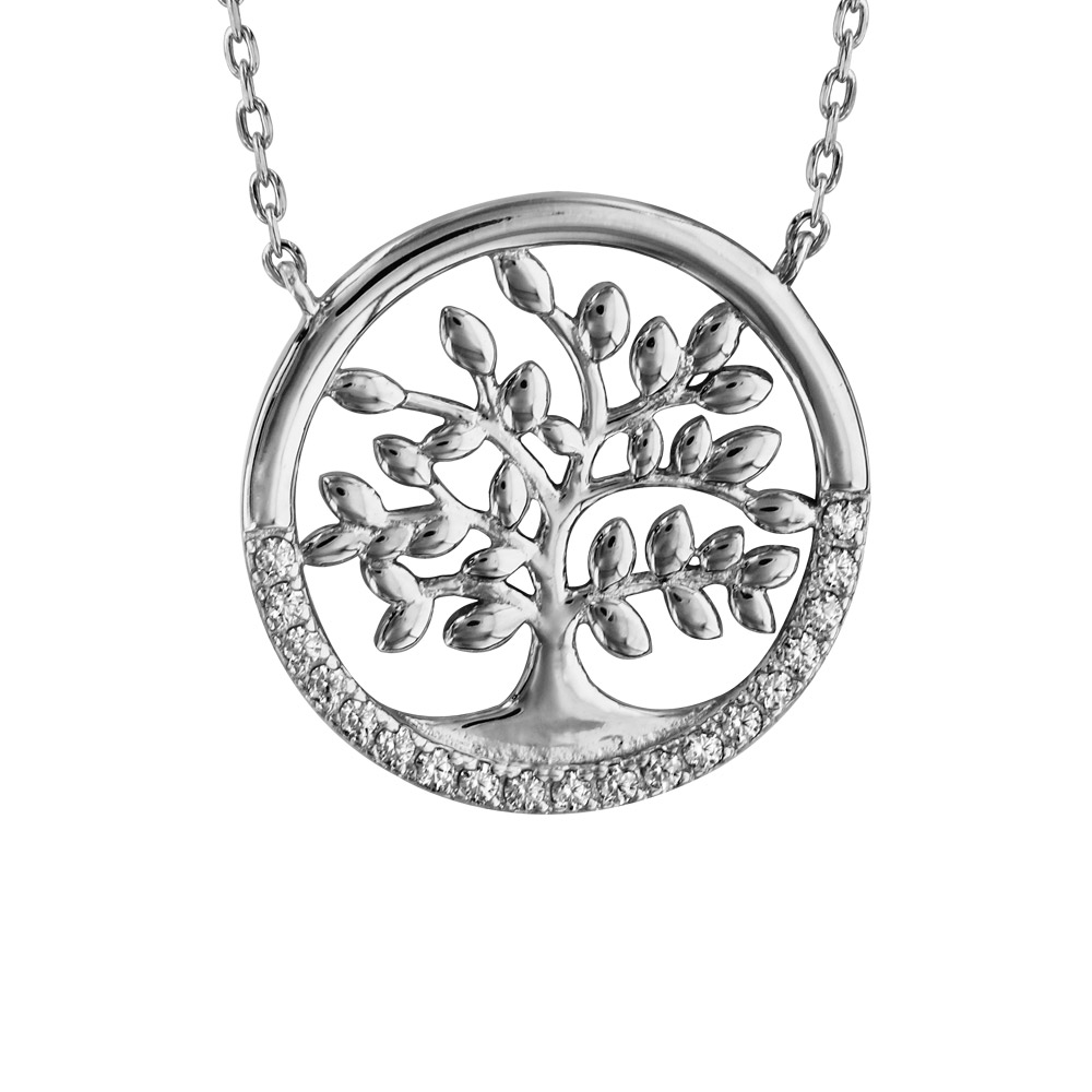 Collier en argent rhodié chaîne avec pendentif arbre de vie dans cercle orné d'oxydes blancs sertis - longueur 40+5cm