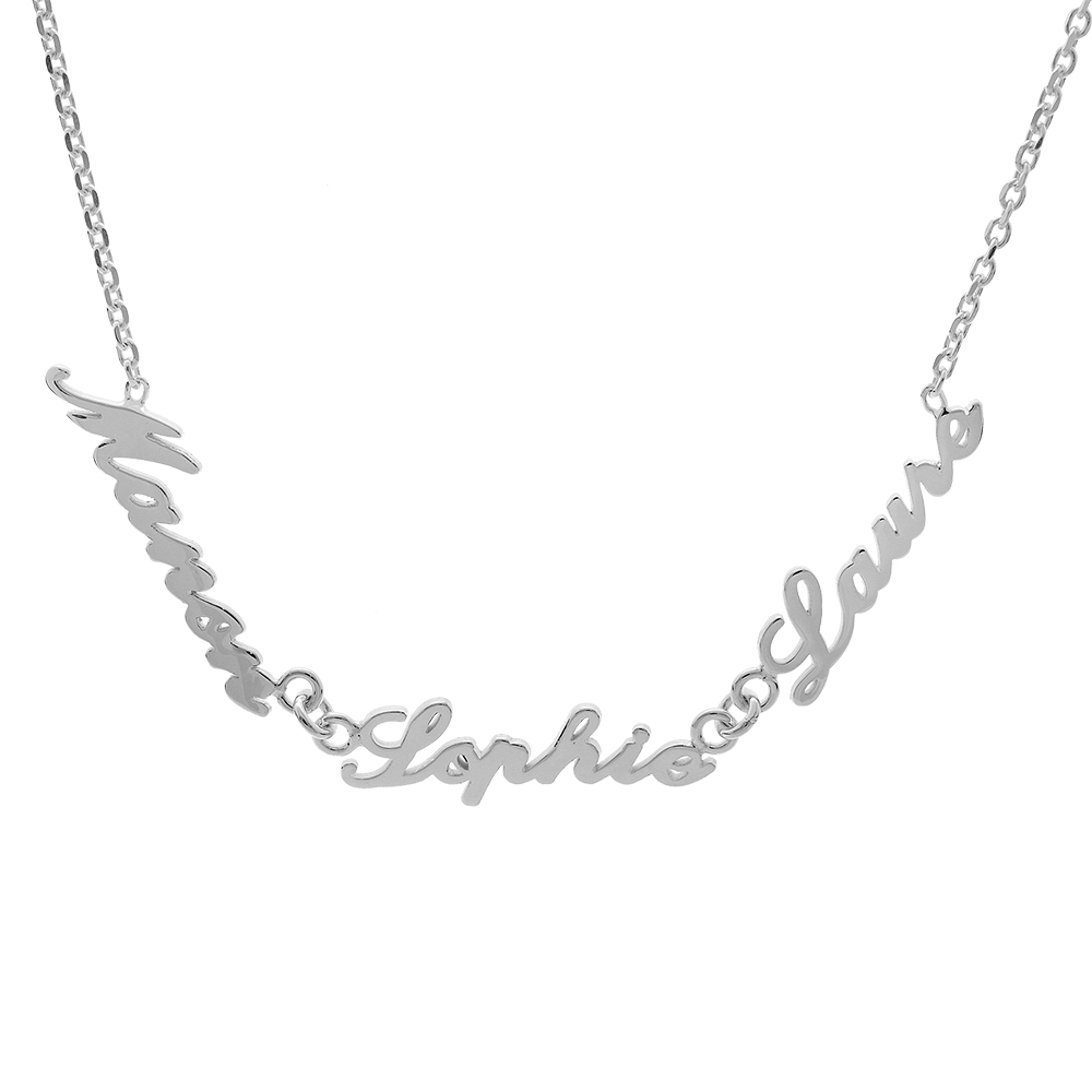 Collier en argent chaîne maille forçat avec découpe anglaise 3 prénoms - longueur 40cm + 3cm de rallonge