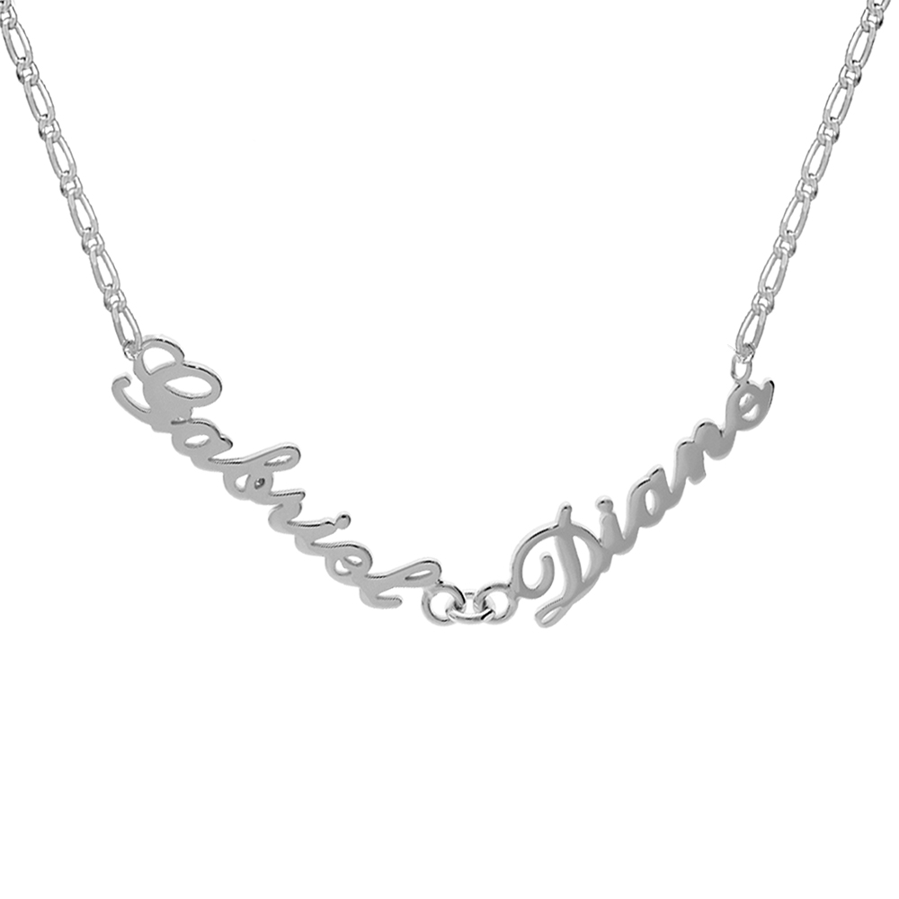 Collier en argent chaîne mailles 1+1 largeur 2mm avec découpe anglaise 2 prénoms - longueur 40cm + 3cm de rallonge