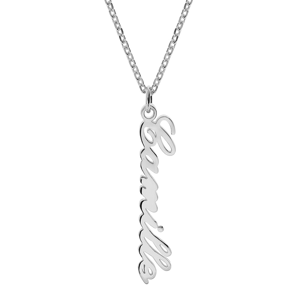 Collier en argent chaîne forçat découpe laser 1 prénom lettre anglaise verticale 42cm et anneau à 40cm