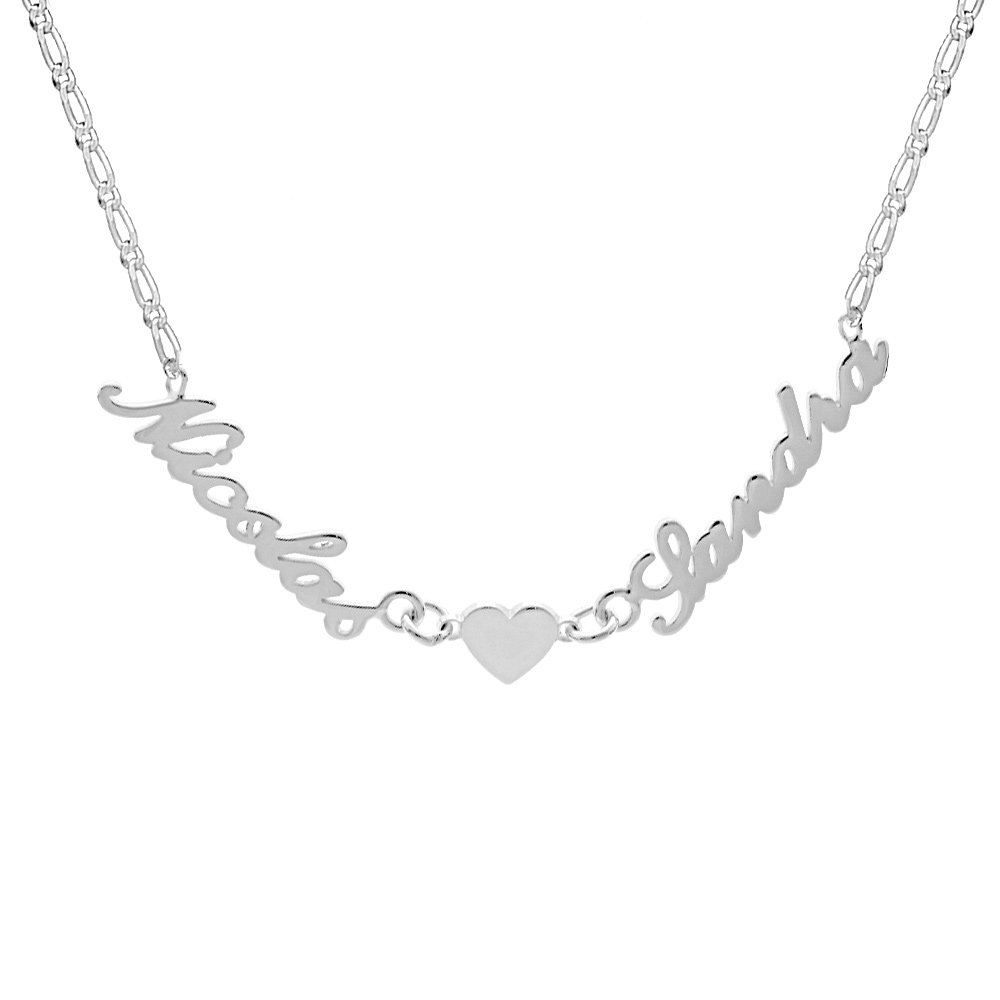 Collier en argent chaîne mailles 1+1 largeur 2mm avec découpe anglaise 2 prénoms séparés par un coeur - longueur 40cm + 3cm de rallonge