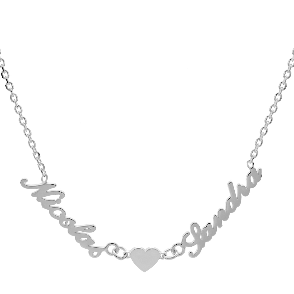 Collier en argent chaîne maille forçat avec découpe anglaise 2 prénoms séparés par un coeur - longueur 40cm + 3cm de rallonge