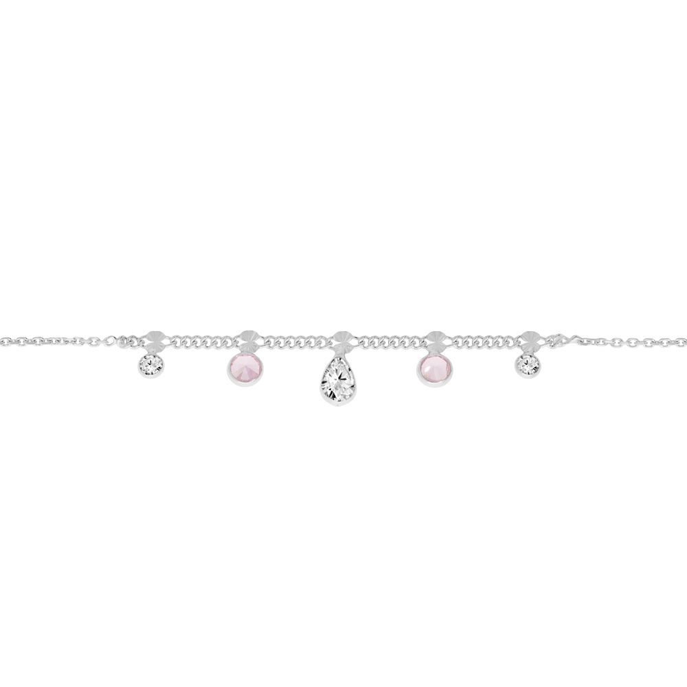 Chaîne de cheville en argent platiné avec pampilles oxydes rose et blancs 22+3cm