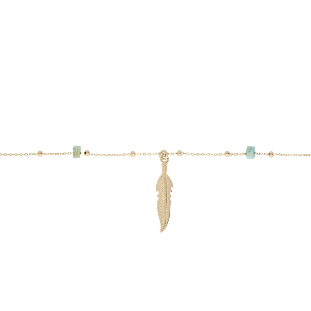 Chaîne de cheville en argent et dorure jaune avec pampille plume et rondelles turquoise véritable 22+3cm