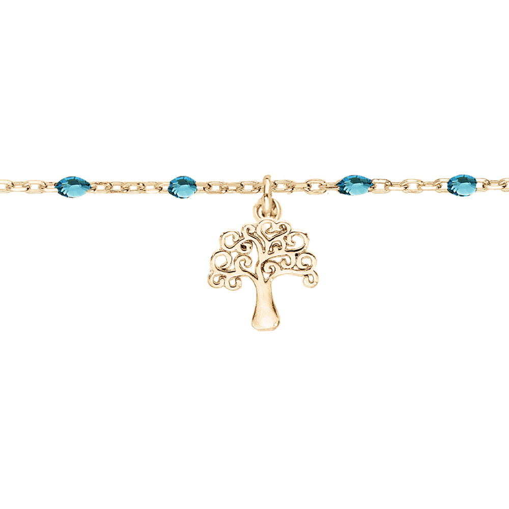 Chaîne de cheville en argent et dorure jaune perles bleu tranparent et arbre de vie 23+3cm