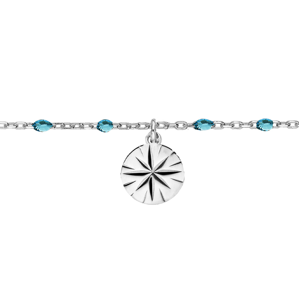Chaîne de cheville en argent rhodié perles bleu transparent et soleil diamanté 23+3cm