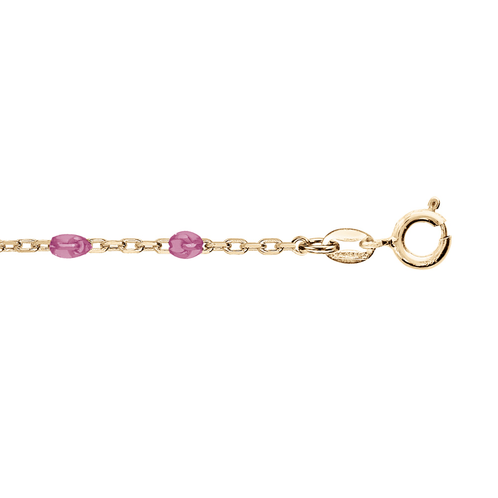 Chaîne de cheville en argent et dorure jaune avec olives couleur framboise transparent 23+3cm