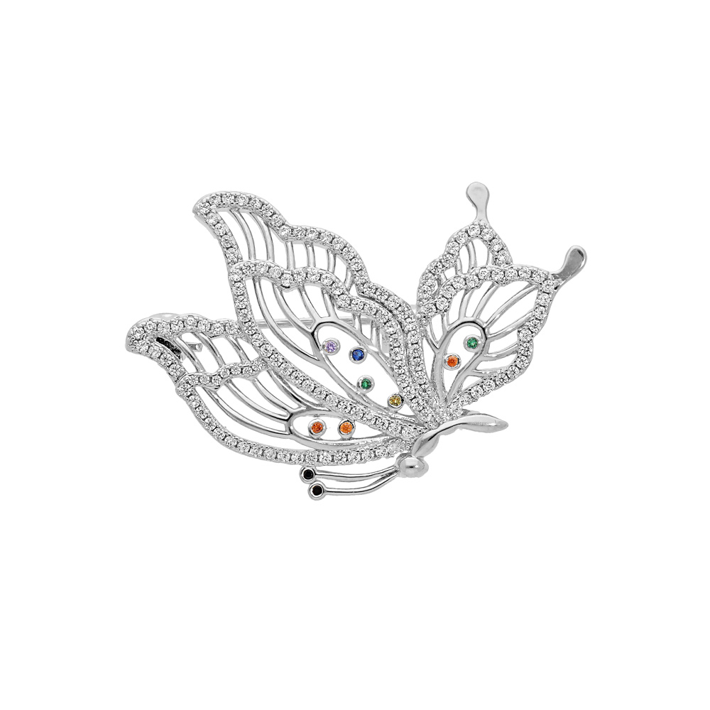 Broche en argent rhodié motif papillon avec oxydes multi couleurs Broche en argent rhodié motif papillon avec oxydes multi couleurs