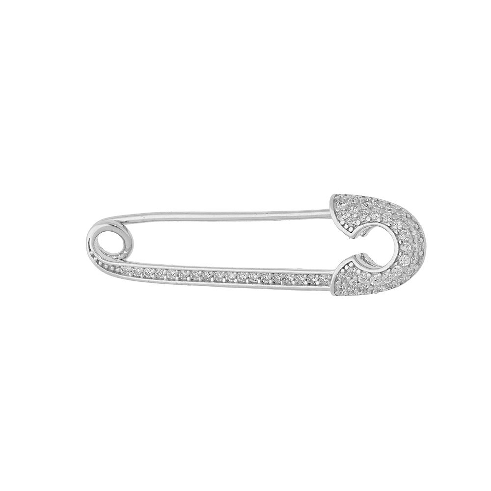 Broche en argent rhodié massif motif épingle à nourrice avec oxydes blancs sertis Broche en argent rhodié massif motif épingle à nourrice avec oxydes blancs sertis