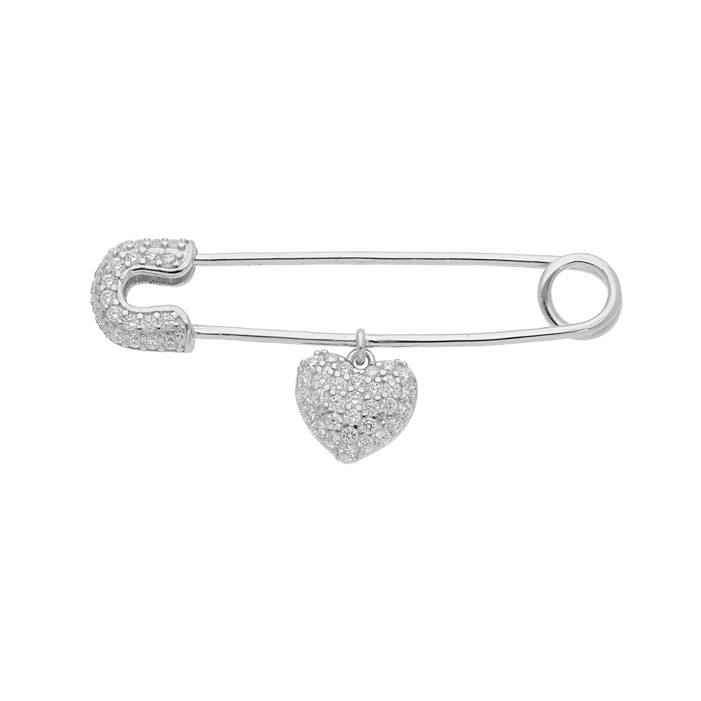 Broche en argent rhodié massif motif épingle à nourrice avec pampille coeur Broche en argent rhodié massif motif épingle à nourrice avec pampille coeur