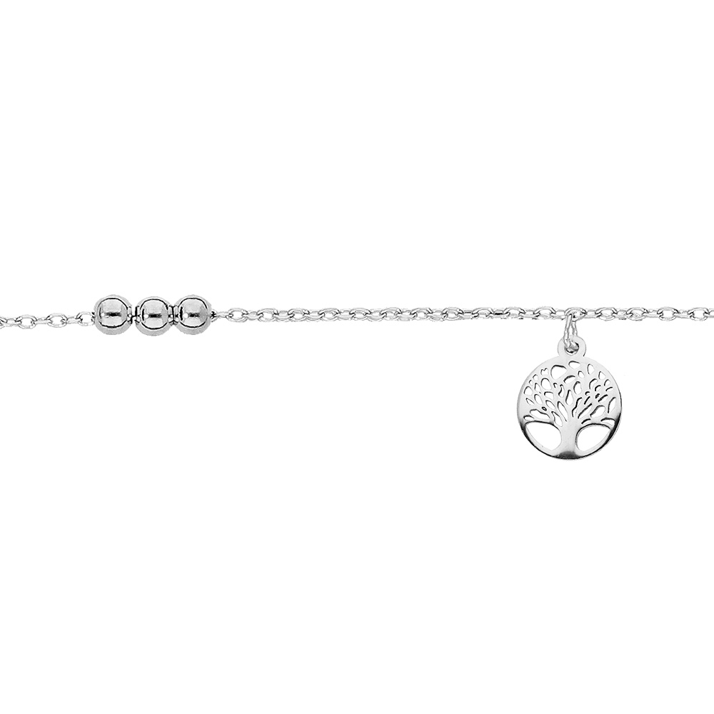 Chaîne de cheville en argent rhodié chaîne avec pampille arbre de vie et boules 23+3cm