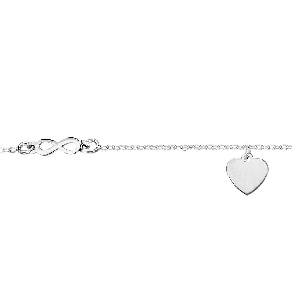 Chaîne de cheville en argent rhodié chaîne avec pampille coeur et infini 23+3cm Chaîne de cheville en argent rhodié chaîne avec pampille coeur et infini 23+3cm