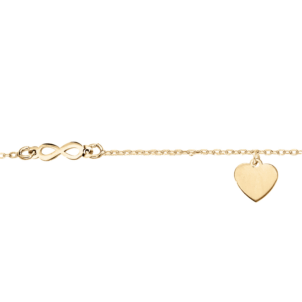 Chaîne de cheville en argent et dorure jaune avec pampille coeur et infini 23+3cm
