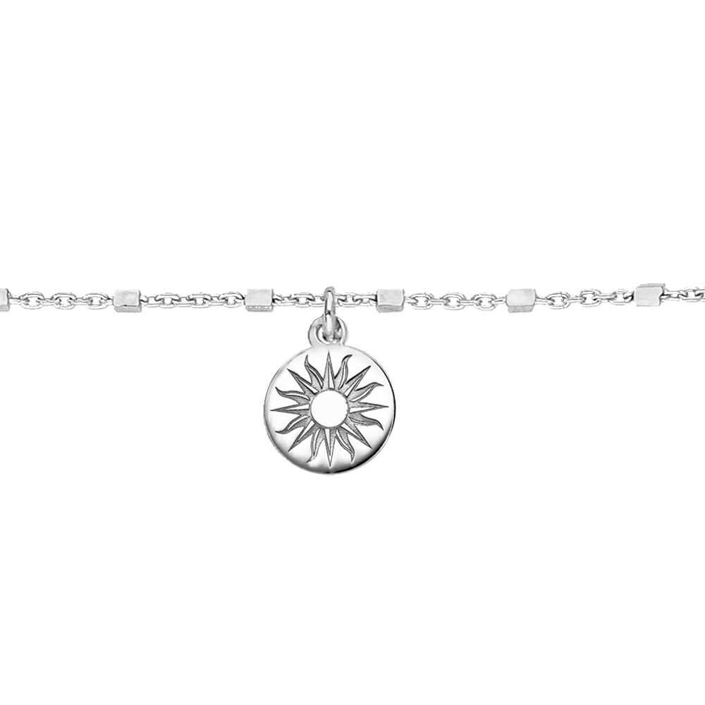 Chaîne de cheville en argent rhodié avec pastille soleil 23+3cm