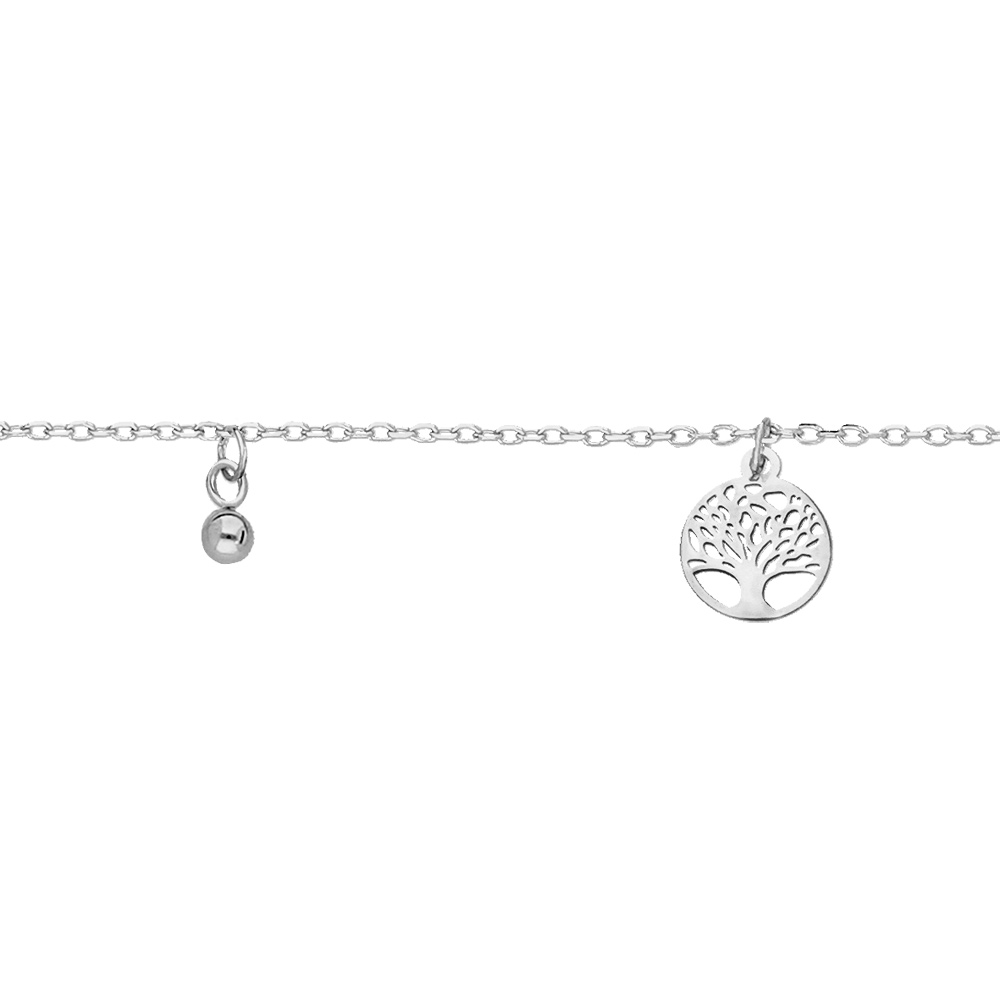 Chaîne de cheville en argent rhodié avec pampilles arbre de vie et boules 23+3cm