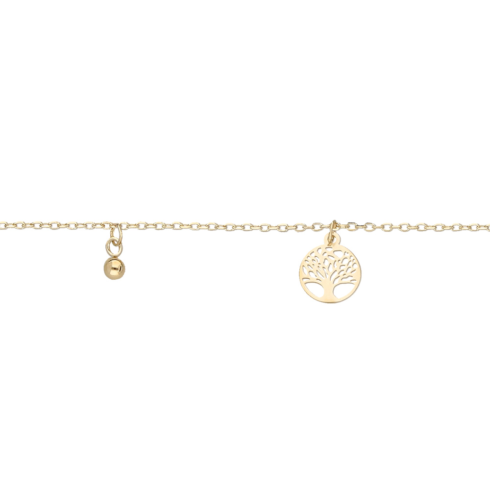 Chaîne de cheville en argent et dorure jaune avec pampilles arbre de vie et boules 23+3cm