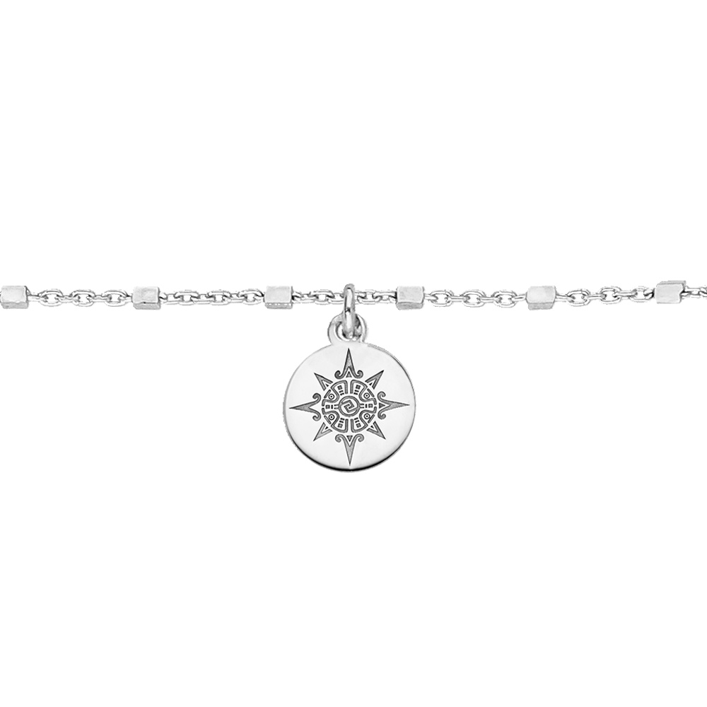 Chaîne de cheville en argent rhodié avec pastille soleil et boules 23+3cm