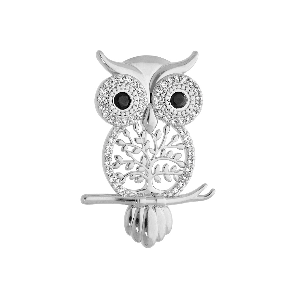 Broche en argent rhodié hibou / chouette motif arbre de vie et oxydes sertis blancs et noirs