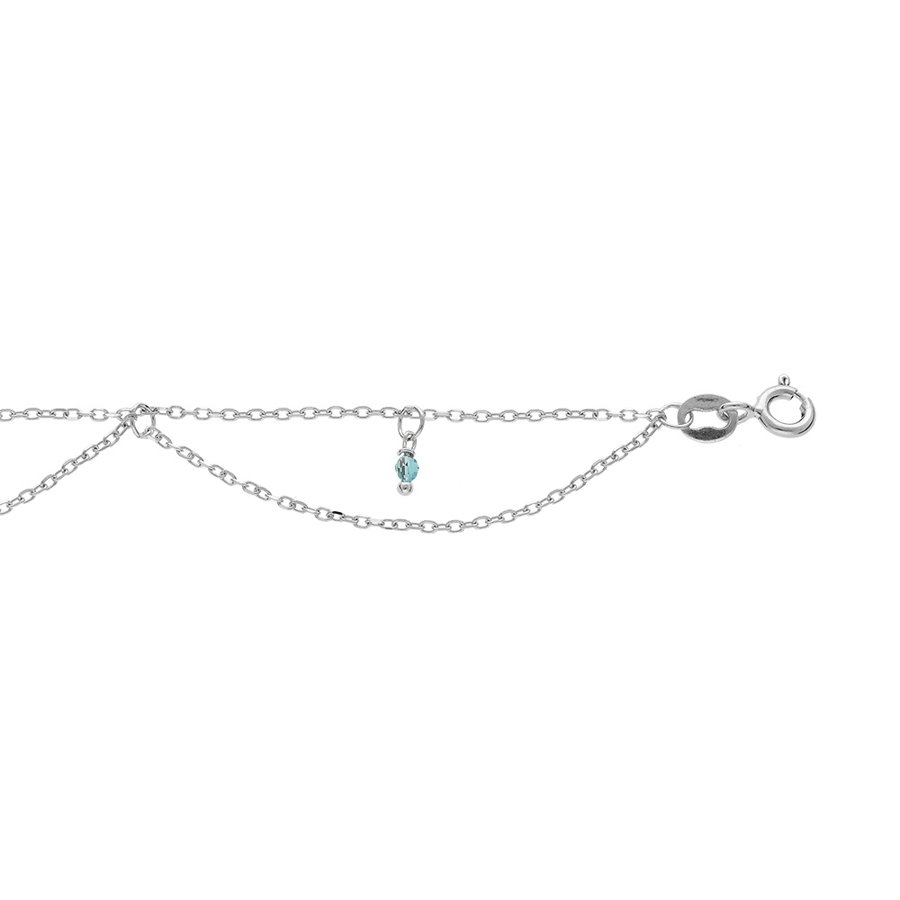 Chaîne de cheville en argent rhodié 2 rangs avec perle empierées bleu clair 23+2cm