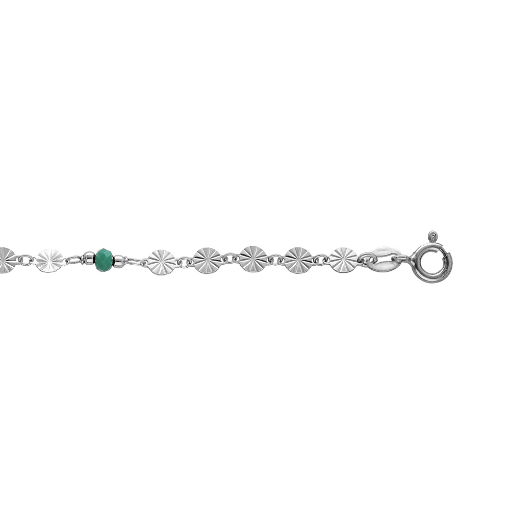 Chaîne de cheville en argent rhodié avec pastilles diamantées et pierres vertes facettées 23+2cm